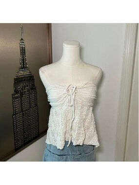 SHEIN Cream Strapless Ruffle Textured Tie Front Babydoll Boho Y2K Top M
